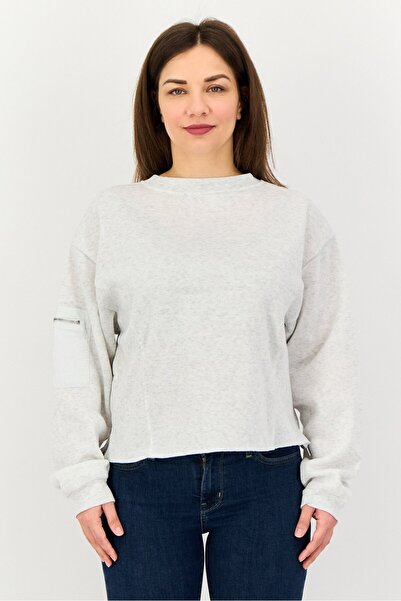 No Comment Women Crew Neck Heather Long Sleeve Sweatshirt, Light Grey