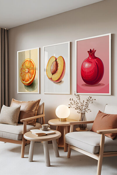 Zestia Set de 3 tablouri cu ramă albă, ilustrație cu fructe – tonuri vii, set...