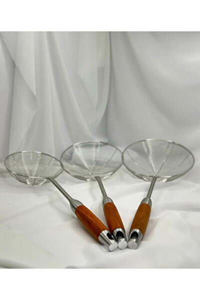 aden glass Lüks Ahşap Saplı Paslanmaz Çelik Kevgir 13 Cm Çap Kızartma Kevgiri...