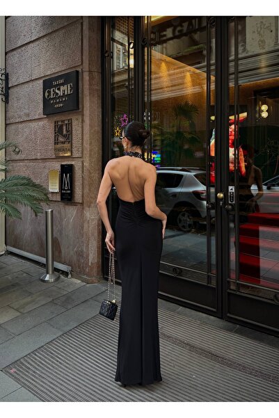 Berf Halter Neck Lace Backless Black Designer Dress