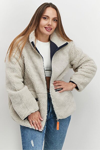 Tchibo Women Mock Neck Full Zip Plush Jacket, Light Grey