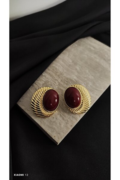 Desire Yelpaze Model Gold ve Bordo Renk Detaylı Küpe