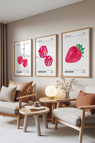 Zestia Set de 3 tablouri cu rame din lemn, Retro Groovy Fruit – Set pentru ca...