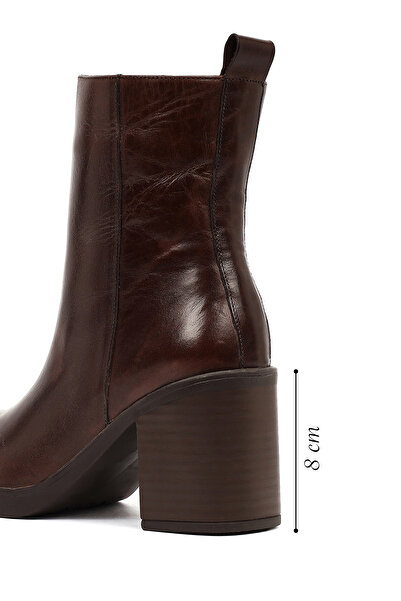 Derimod Women's Brown Zippered Thick Heeled Leather Boots 25Wfd203018