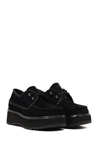 Derimod Women's Black Thick Soled Lace-Up Suede Leather Teddy Casual Shoes 25Afd189610