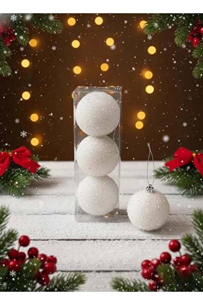 URUNİA 3'lü Lüks Beyaz Ponpon Dokulu Yılbaşı Ağacı Süsü Seti - Işıltılı