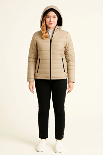 KentselBazaar Inflatable Hooded Zippered Jacket Water Repellent Quilted Lining Fabric Pocket Winter Comfortable Fit - Beige