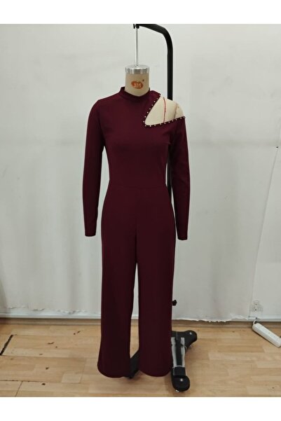 JANES Women's One-Shoulder Open Turtleneck Stone Detailed Long Imported Crepe Jumpsuit