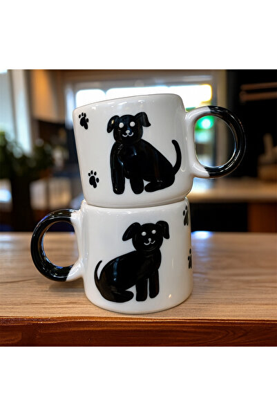 ADEN LİNA ART WORKSHOP 2 Pieces of Handmade Ceramic Mug with Dog Pattern