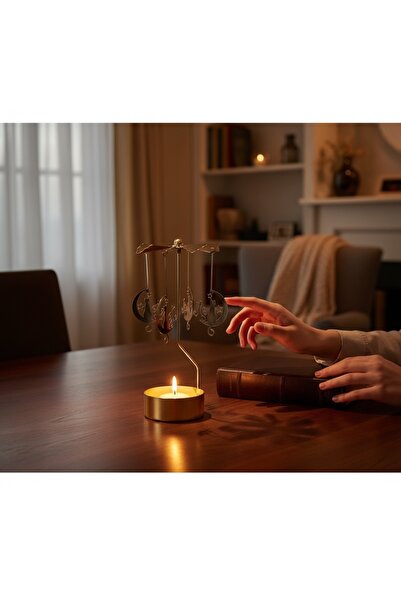 hediyesahibi Altın Renkli Dönen Metal Mumluk Mutlu Kedi Tasarımlı Isı Ile Dön...