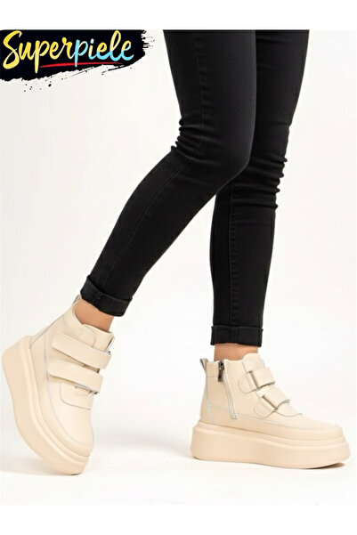 piele naturala Women's beige leather boots with thick sole