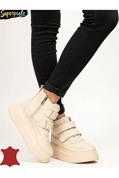 piele naturala Women's beige leather boots with thick sole