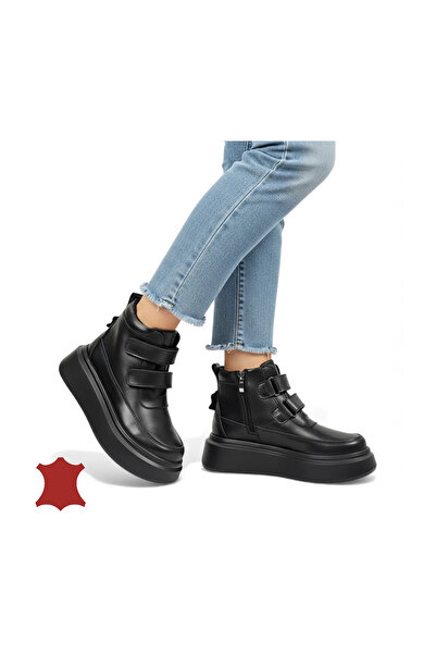 piele naturala Women's black leather boots without laces