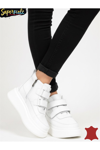 piele naturala Women's white leather boots with thick sole