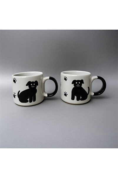 ADEN LİNA ART WORKSHOP 2 Pieces of Handmade Ceramic Mug with Dog Pattern