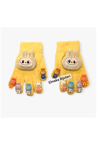 ELMEKA Cocuk Labubu Karakter Figürlü Pelus Triko Eldiven 4-10 Yas Sarı