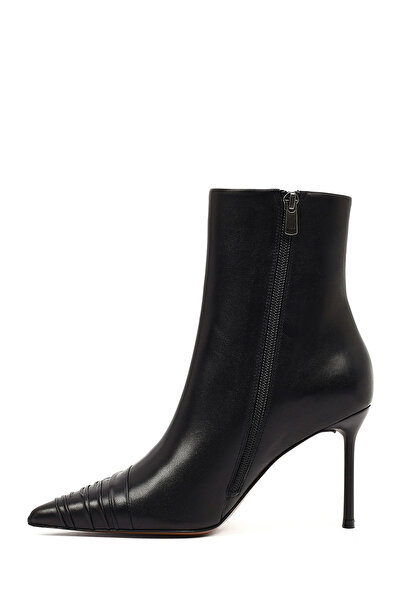 Derimod Women's Black Zippered Thin Heeled Leather Boots 25Wfd101318