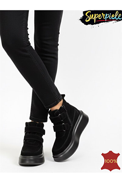 piele naturala Women's black suede leather boots with thick sole