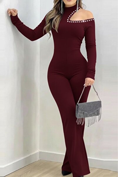 JANES Women's One-Shoulder Open Turtleneck Stone Detailed Long Imported Crepe Jumpsuit
