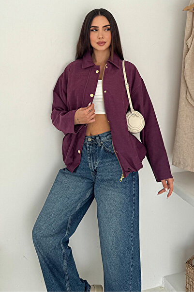 MsLena Butik معطف نسائي من جلد الغزال بأزرار ذهبية وسحاب