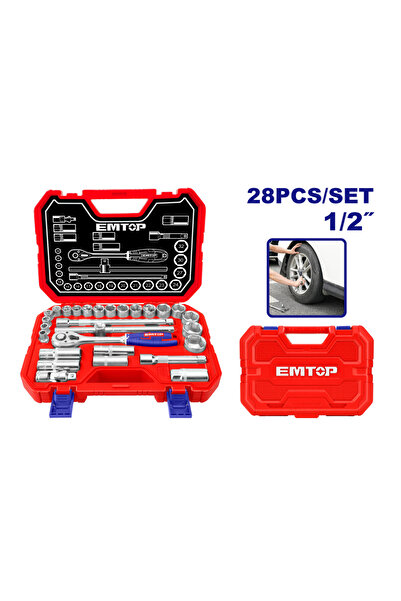 EMTOP Set Tubulare cu Clichet ESKT12281, 1/2″, 28 Piese, CR-V, Cutie Transpor...
