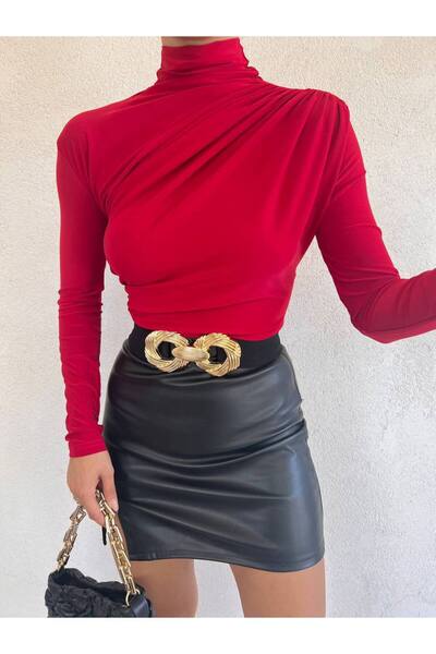 RESSHO Long Sleeve Half Neck Gathered Sandy Fabric Red Blouse 9871