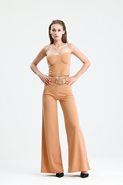 Sense Flared Scuba Crepe Trousers with Fabric Covered Belt on the Sides |   Pnt33393 Biscuits