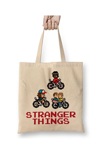 Toyaso Stranger Things Kids On Bikes Τσάντα από λευκό ύφασμα με μακρύ χερούλι Τσάντα αγορών Τσάντα παραλίας