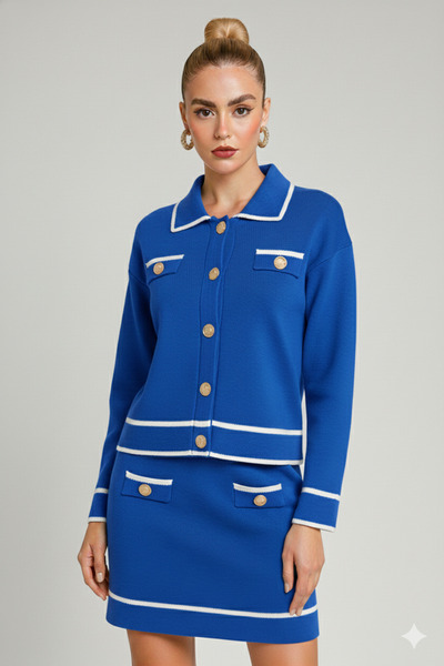 trendalisse Γυναικεία πλεκτά ρούχα με χρυσά κουμπιά Φούστα και μπλούζα