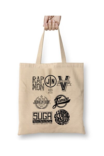 Toyaso Λογότυπο μελών της BTS Λευκή υφασμάτινη τσάντα με μακρύ χερούλι Τσάντα αγορών Τσάντα παραλίας