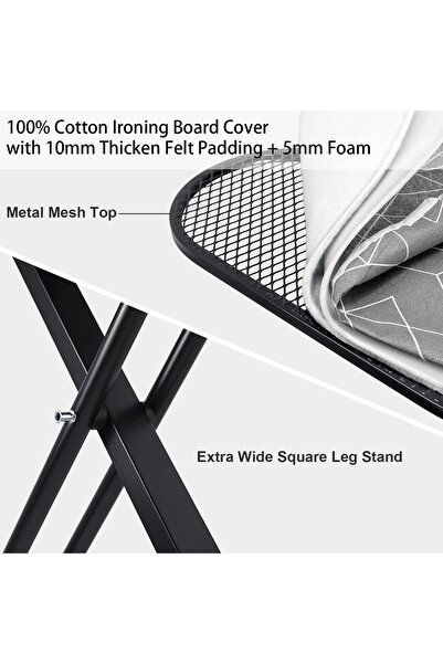 HYX Steam Ironing Board (17" x 48") with Iron Holder, Heat-Resistant Cover, Adjustable Height (Gre