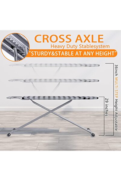 HYX Ironing Board 13 x 43 in Extra Wide, Thick Padded Cover, Height Adjustable - Checkered Gray