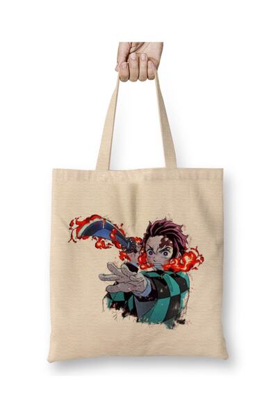 Toyaso Demon Slayer Demon Slays Tanjiro Firewhite Cloth Bag Long Handle Shopping Bag Beach Bag