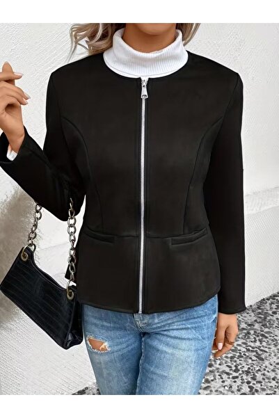 JANES Jachetă de piele de căprioară pentru femei, cu mânecă lungă, cu gât rot...