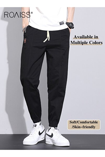 ROAISS Men Fashionable and Comfortable Cotton Cargo Pants Loose Fit Joggers with Cuffed Ankles Ideal for Sp