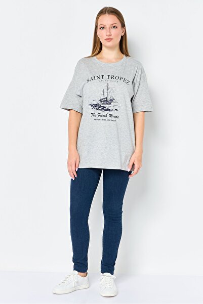 Brave Soul Women Crew Neck Short Sleeve Graphic Print T-Shirt, Grey