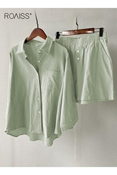 ROAISS Women's Summer Two Pieces Set Solid Color Lapel Cotton Linen Shirt High-Waisted Shorts Set 2 Piece L