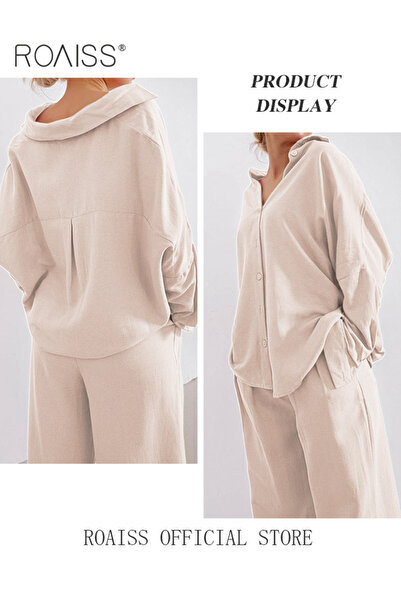 ROAISS Ladies Comfortable Cotton Linen 2 Piece Suit for Daily Commute - Shirt and Wide Leg Pants Set with S