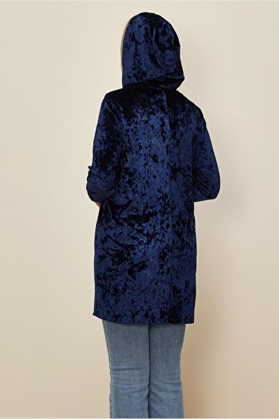 TRENDTESETTÜR Women's Navy Blue Velvet Tracksuit with Stone Details Tunic t 43451