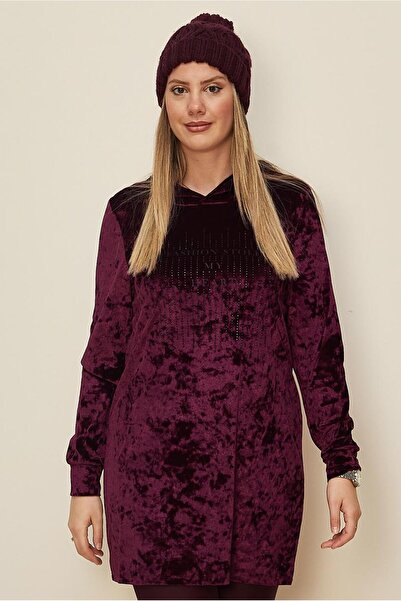 TRENDTESETTÜR Women's Burgundy Stone-Detail Velvet Tracksuit Tunic t 43451