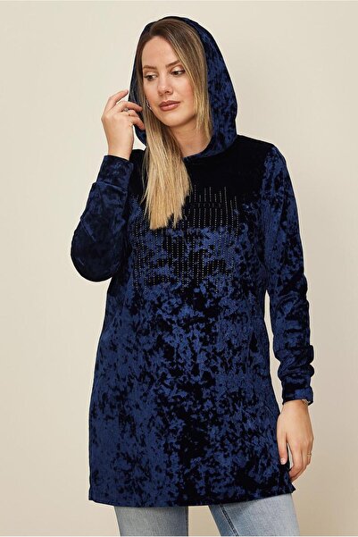 TRENDTESETTÜR Women's Navy Blue Velvet Tracksuit with Stone Details Tunic t 43451