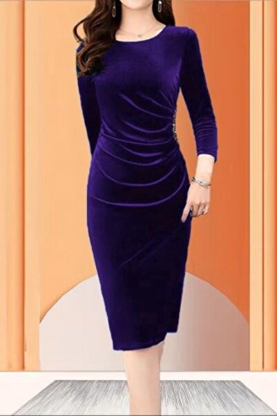 Mossta Long Sleeve Stone Detailed Midi Velvet Dress - Purple