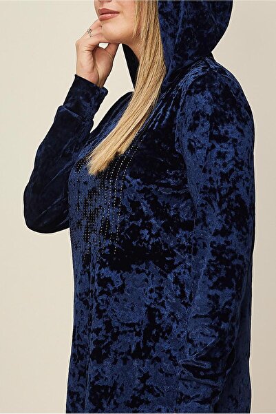 TRENDTESETTÜR Women's Navy Blue Velvet Tracksuit with Stone Details Tunic t 43451