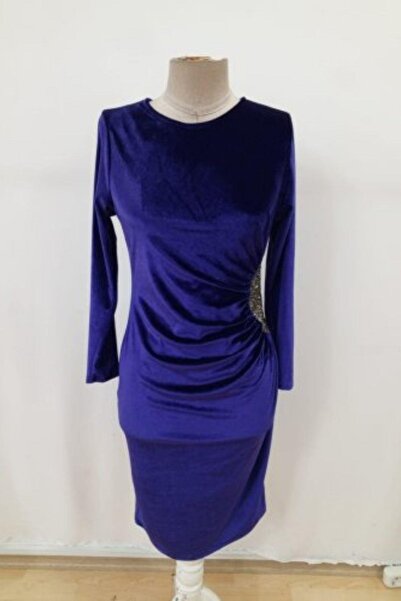 Mossta Long Sleeve Stone Detailed Midi Velvet Dress - Purple