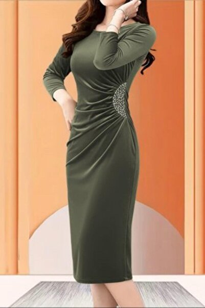 Mossta Μακρυμάνικο Φόρεμα Midi Velvet με Πέτρινη Λεπτομέρεια - Χακί