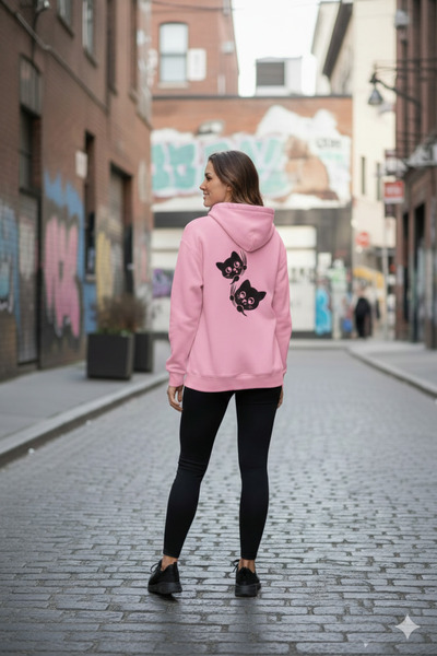 LiyAdaCo Unisex Cute Cats Printed Pink Oversized Hooded Sweatshirt