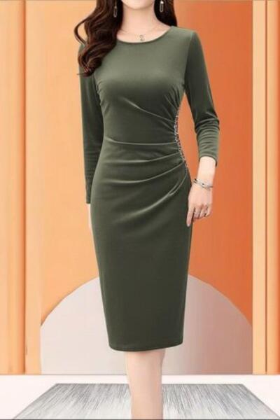 Mossta Μακρυμάνικο Φόρεμα Midi Velvet με Πέτρινη Λεπτομέρεια - Χακί