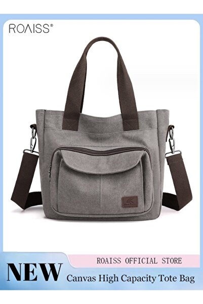 ROAISS Women's Canvas Commuter Handbag Fashion Versatile Messenger Bag Large Capacity Multi Pocket Adjustab