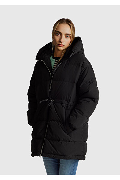 United Colors of Benetton Women's Black Feather Waist Lace-Up Hooded Long Puffer Coat