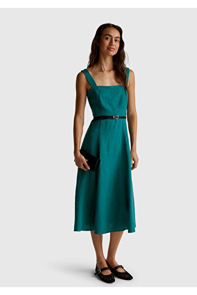 United Colors of Benetton Women's Dark Green 100% Linen Flared Fit Wide Strap Zipper Closure Midi Dress